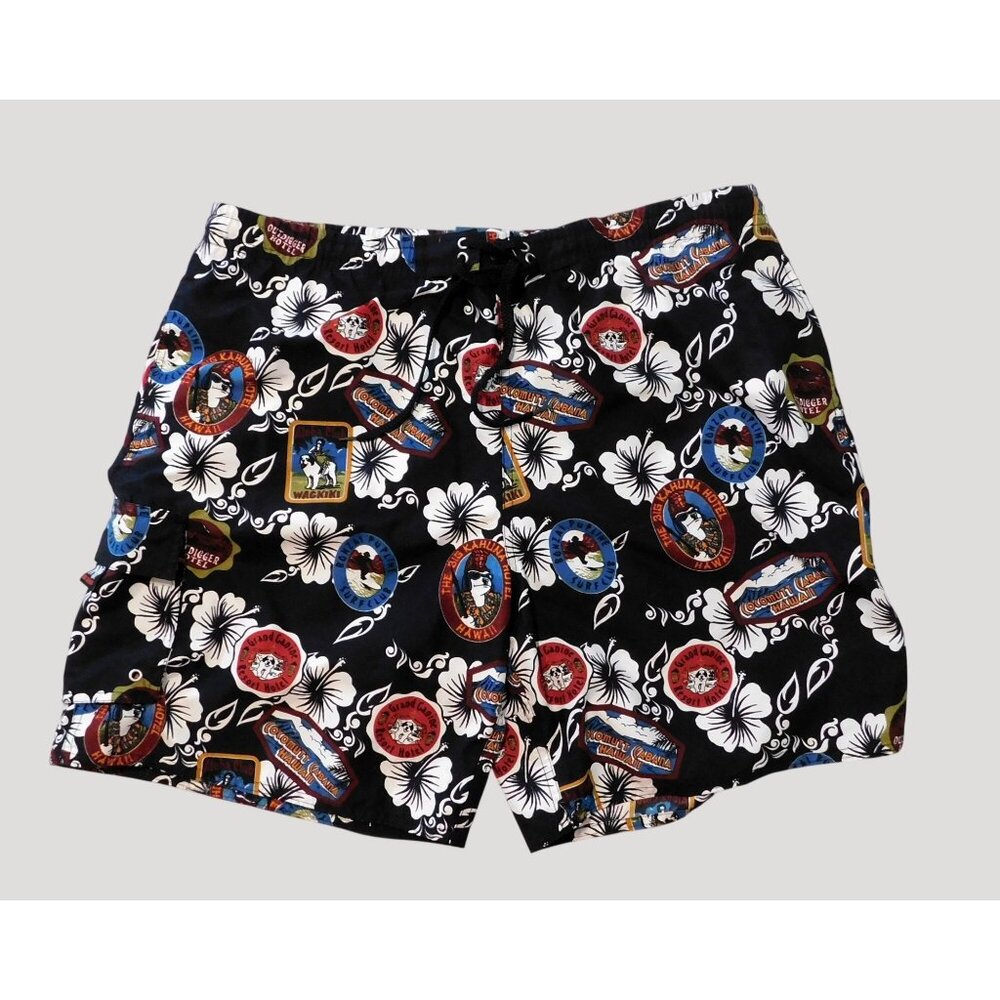 Big Dogs Hawaiian Print Mens Swim Trunks XL Black Multicolor